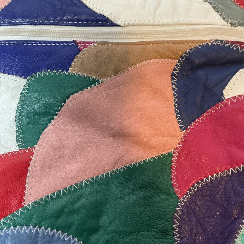 Vintage Genuine Leather Patchwork Tote Bag Multicolor Colorblock Shoulder Purse - Picture 7 of 16